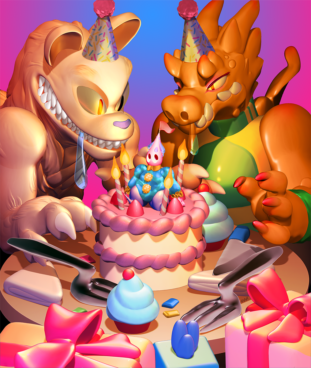 two monsters eating birthday cake 3D piece