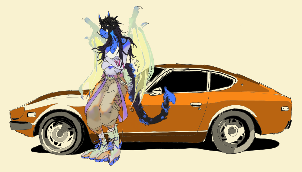 a dragon girl showing off her classic burnt orange datsun 240z