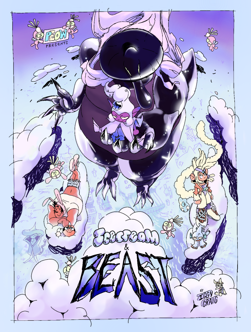 promotion image for comic ice cream and beast. the cast of characters float on a cloud above the town